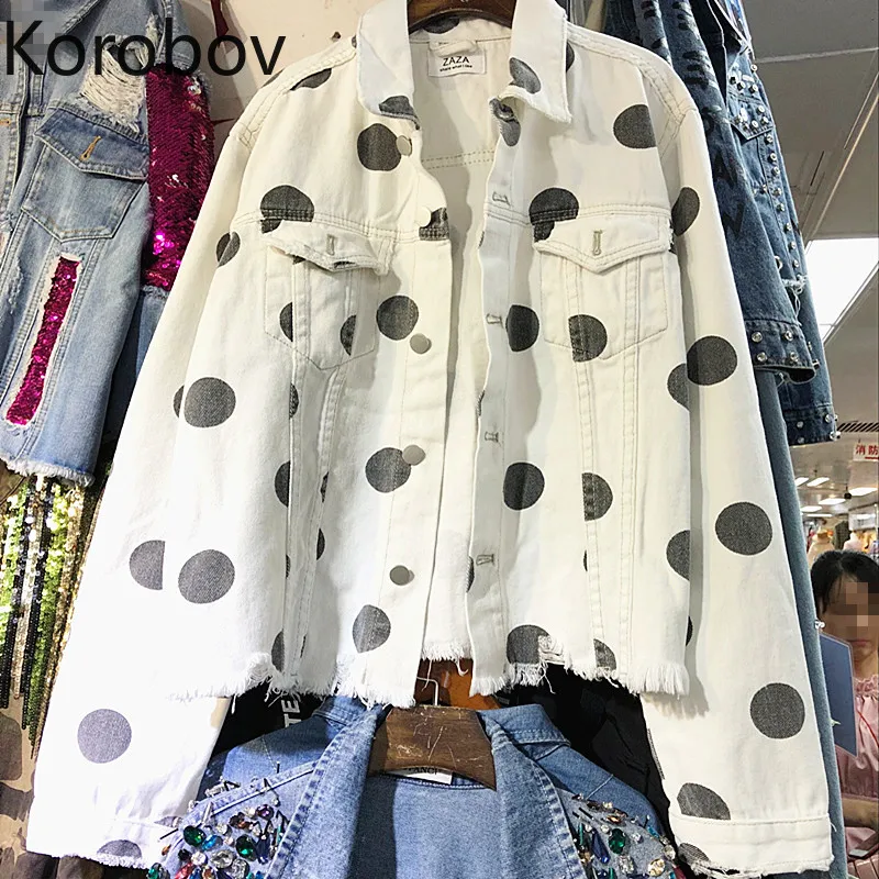 

Korobov Coats Women Long Sleeve Denim Outwear Coat Korean Polka Dot Printed Vintage Single Breasted Harajuku Jacket 78157