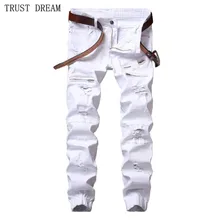 Мода человек насыщенный Белый Черный калекой отверстия slim fit джинсы мужчины поддельные молния Жан Мужской патч moto брюки индивидуальные штаны