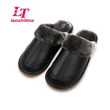 Real Genuine Leather Men Home Slippers Warm Winter Indoor Shoes For Couples Bedroom House Plush Comfortable Guests Flats