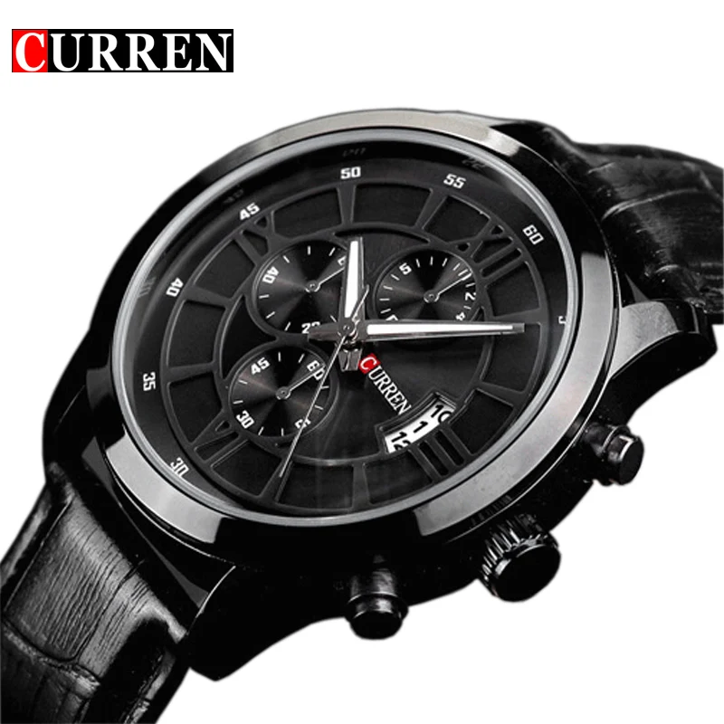 Мода Curren Марка Бизнес Черный Человек Наручные часы Дата Натуральная Кожа водонепроницаемый Повседневная наручные часы Мужские Relojes hombre
