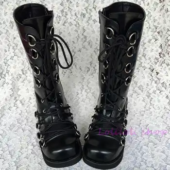 

Princess punk balck cool shoes Cross Lacing Flat Boots Round black matt boots Manual customization Fashion personality an1221