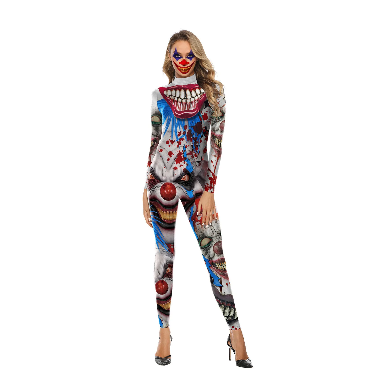 Хэллоуин для взрослых женщин 3d принт клоун косплей костюм вечерние костюмы Леди облегающее боди костюм ужас клоун костюм