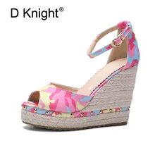 New Women Ethnic Wedges Sandals Fashion Print Canvas Open Toe High Heels Women Wedge Sandal Ladies