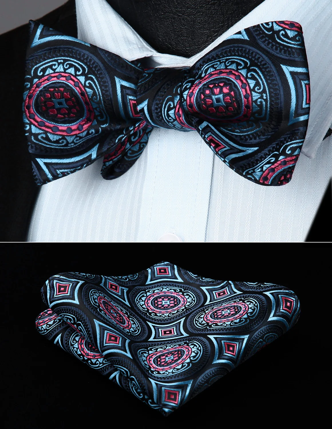 BF803BS Blue Floral Wedding Bowtie Men Silk Self Bow Tie handkerchief