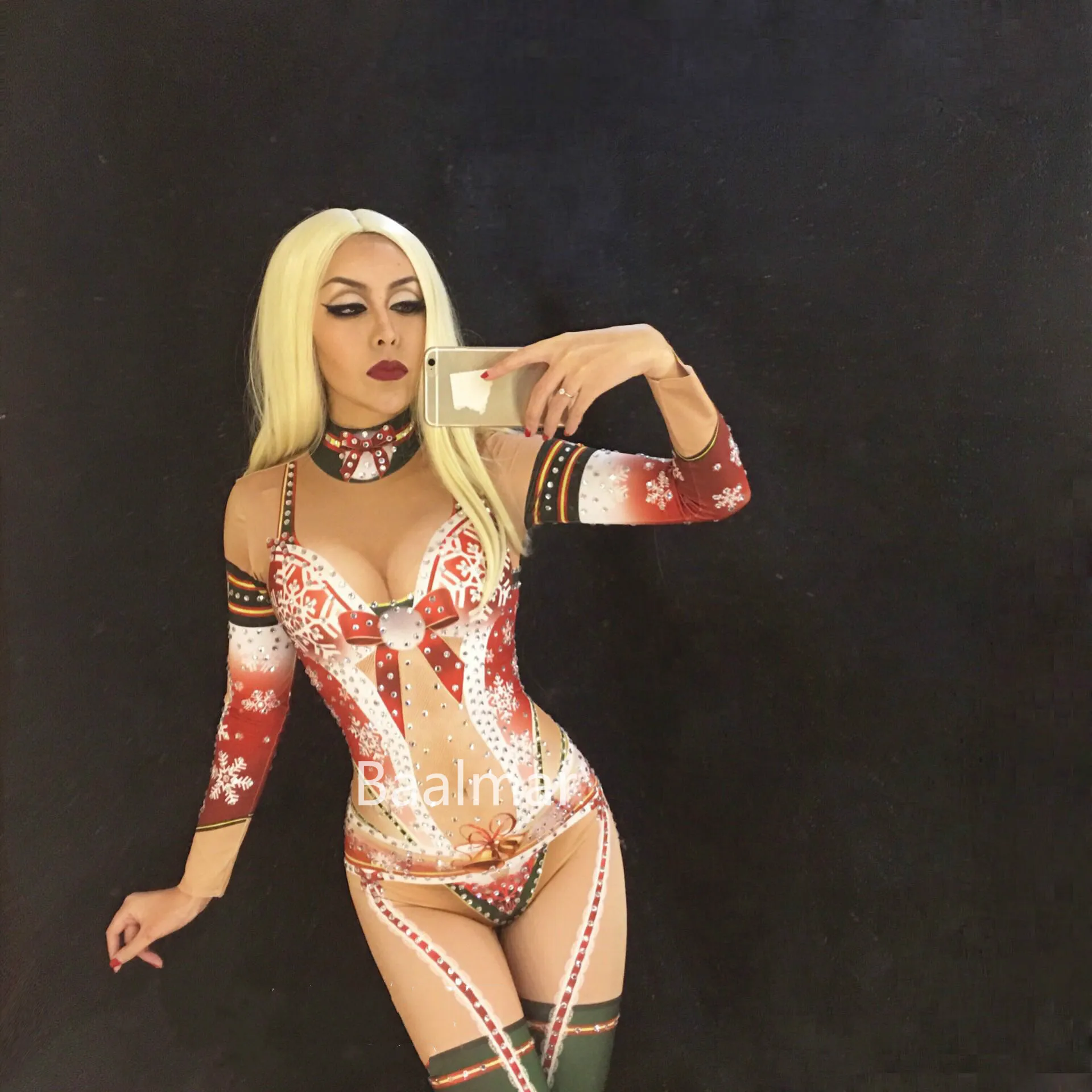 Christmas Rhinestones Bodysuit Costume Female Singer Stage