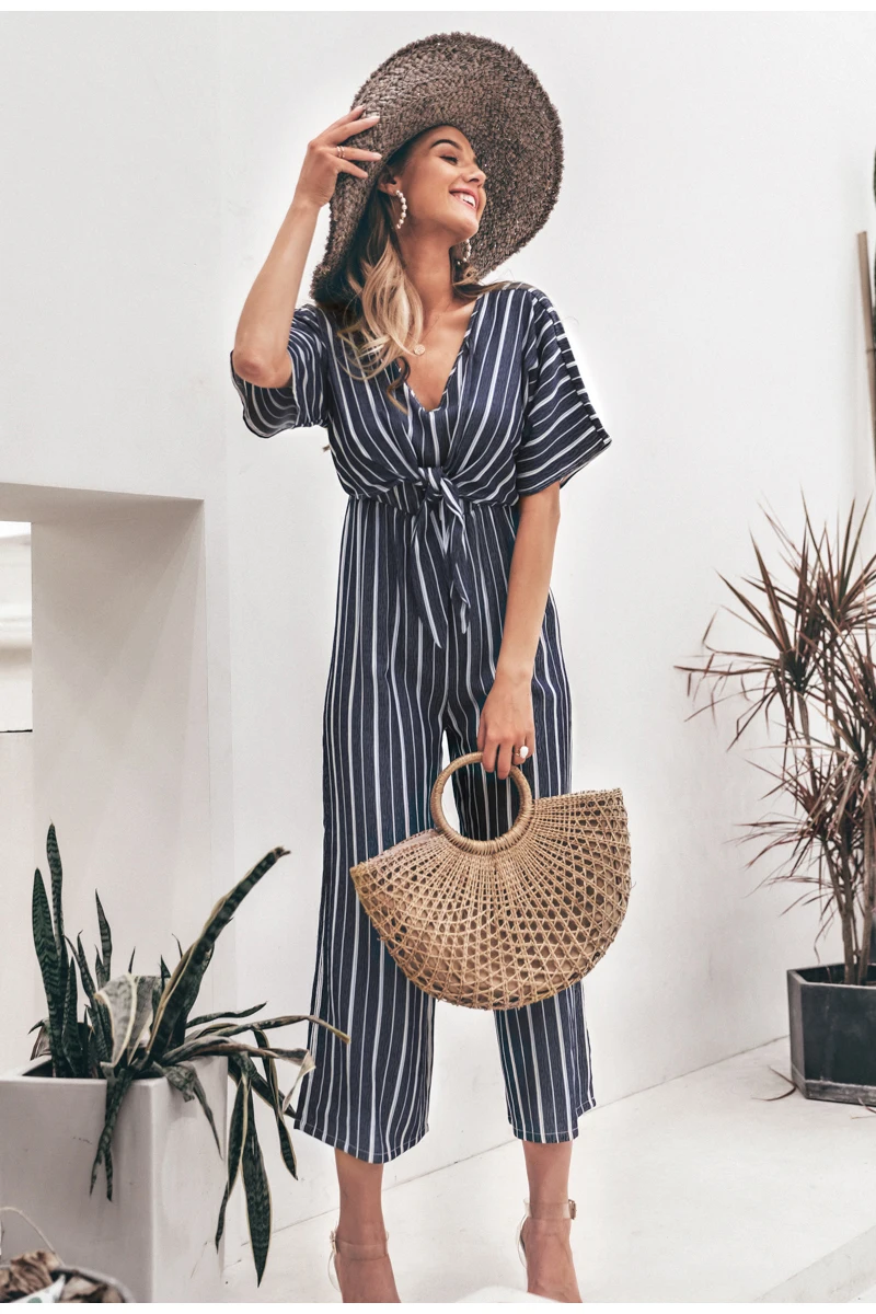 Simplee w paski w stylu Vintage v neck długi kombinezon letnie skrzydła kombinezony z krótkim rękawem eleganckie szerokie nogawki panie biurowe kombinezony romper -