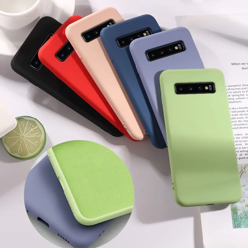 Тонкий чехол конфетного цвета из жидкого кремния и резины для Samsung S10 S10e Note 8 9 S8 Plus