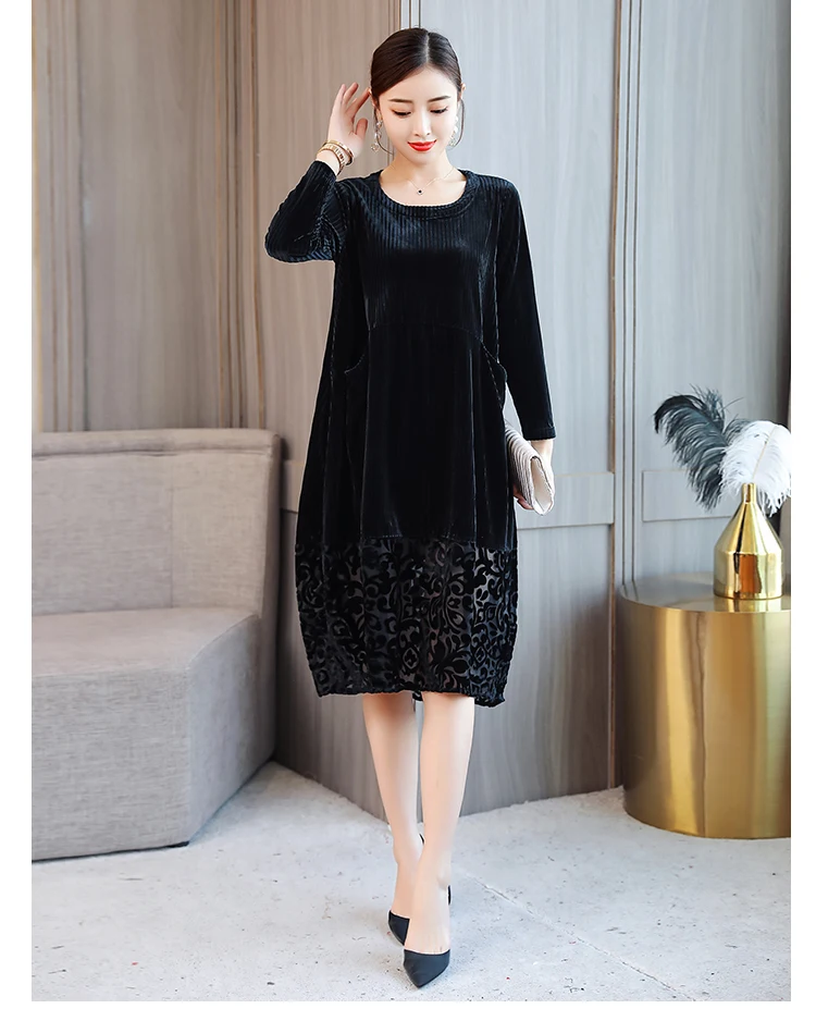 Saiqigui осенне-зимнее платье с длинным рукавом повседневное свободное плюс размер О-образным вырезом винтажное элегантное черное бархатное женское платье vestidos