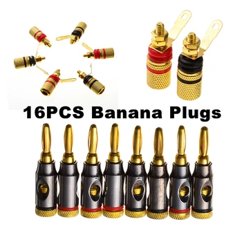 

16 pcs Red+Black 24k Gold Plated Banana Plugs Set Audio Speaker Terminal Binding Posts Connectors Amplifier Adapters