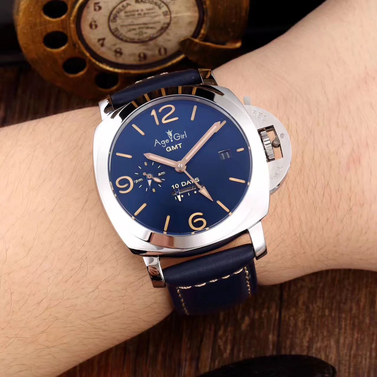 

Luxury Brand New Men Automatic Mechanical Sapphire Stainless Steel GMT Watches Silver Black Leather Luminous 10 Days Watch AAA+