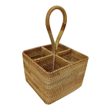 

Handmade Knitting Hanging Storage Basket Four Grid Portable Picnic Fruit Food Container Natural Sundries Barrel