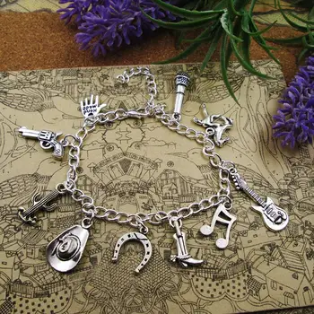 

Country & Western Inspired Silver link charm bracelet music horse gun cactus pendant bracelets