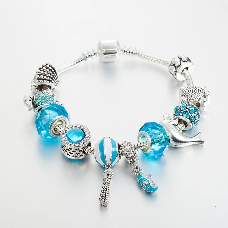 

ANNAPAER Silver Color Dolphin Beads Bracelets & Bangles Blue Crystal Charms Bracelet for Women Jewelry Pulseras B16189