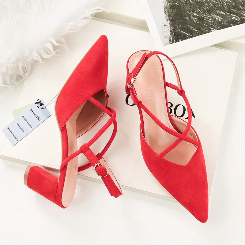 

2018 Woman Block High Heels Sandals Tacones Pumps Slingback Mules Heels Female Medium Heels Lady Ankle Strap Sexy Yellow Shoes