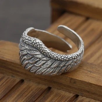 

S925 sterling silver punk trend angel feather ring male and female feather ring