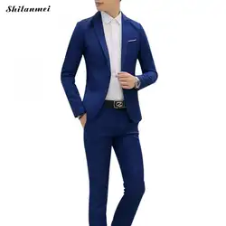 2018 для мужчин костюмы Формальные Свадебные Жених Slim Fit пальто куртка брюки для девочек комплект одна кнопка смешанный хлопок плюс размеры