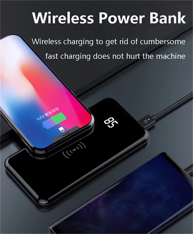 

Qi Wireless Charging Power Bank 10000mAh Portable Charger Charging Power Bank Digital Display External Battery Pack 4 In 1