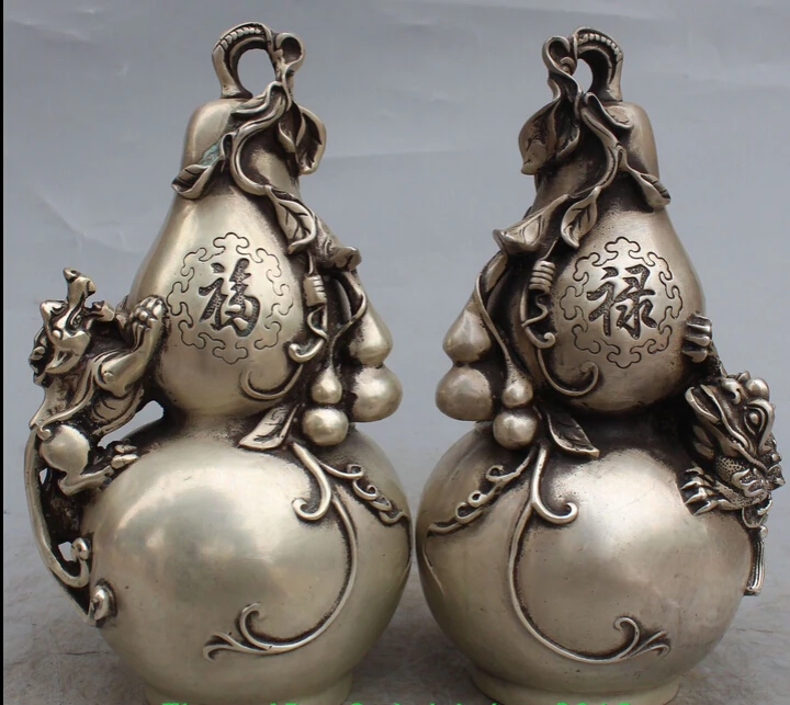 

zhaomeirui60++10" Marked Chinese Silver Wealth Pixiu Calabash Cucurbit Golden Toad pair Statue