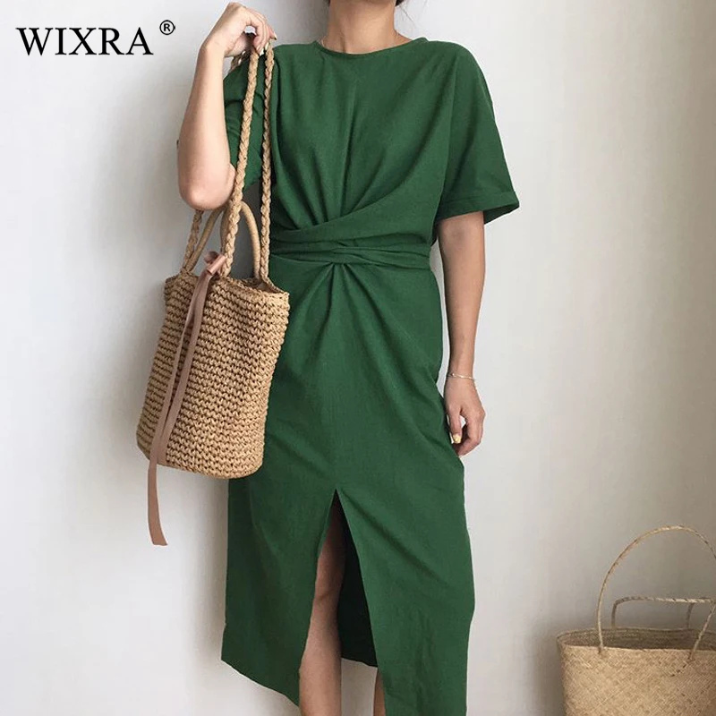 

Wixra Normcore Elegant Short Sleeve Lace up Dress Women Knee-Length Dress Stylish Solid Split Dresses Summer Hot Fashion