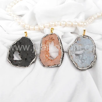 

Whole Sale Price Rainbow Crystal Druzy Quartz Slice Freeform Pendant Bead Paved Zircons JAB233