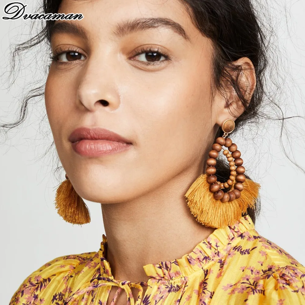 

Dvacaman Vintage Tassel Beads Long Drop Earrings Women 2019 Retro Wooden Rattan Dangle Statement Earrings Party Gifts Jewelry