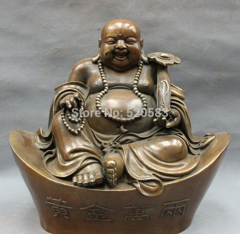 

13" Chinese Bronze Copper RuYi Happy Laughing Maitreya Buddha On YuanBao Statue