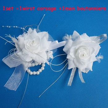 

2pcs/set Corsage and Men Boutonniere Artificial Silk Rose Wedding Flower For Bride & Groom Prom Party Flower Decor Marriage