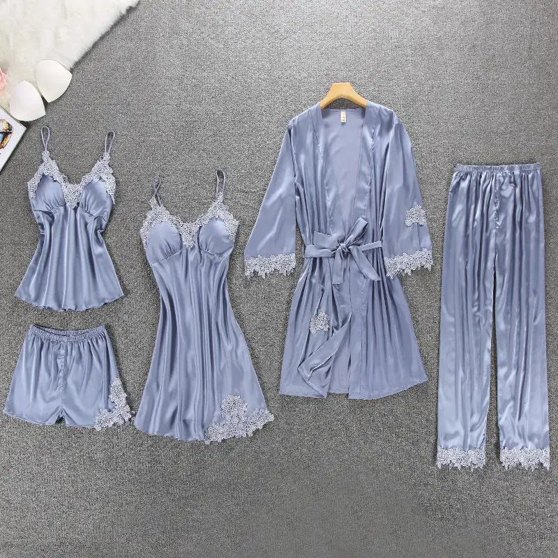 Осенняя сатиновая Пижама, набор для женщин, Элегантная пижама 5 шт., Брендовое женское сексуальное белье, кружевной топ, шелковые пижамы, набор, Пижама для женщин - Цвет: Blue