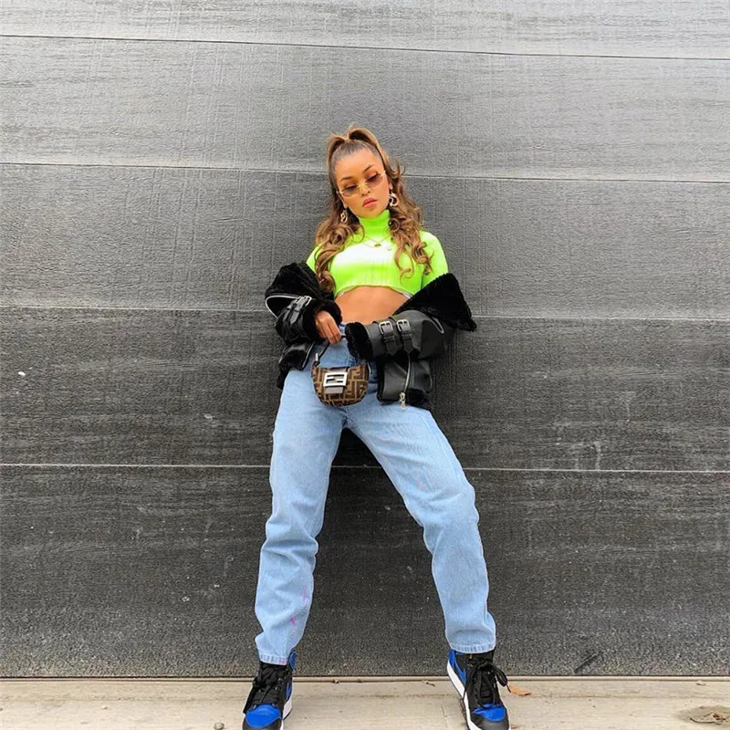 

Fluorescent color hip hop New sexy fashion Women's Clothing Harajuku long sleeve short crop top turtleneck club coat