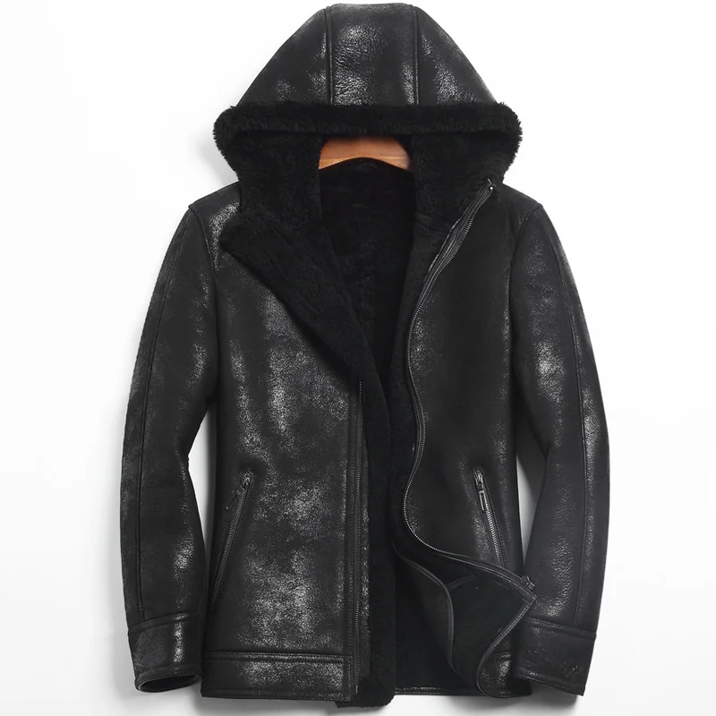 AYUNSUE, натуральная кожа, куртка, Мужская, с капюшоном, зимняя куртка, настоящая шерсть, мех, пальто, Мужская овчина, пальто, овчина, кожаная куртка 755KJ1135 - Цвет: Black