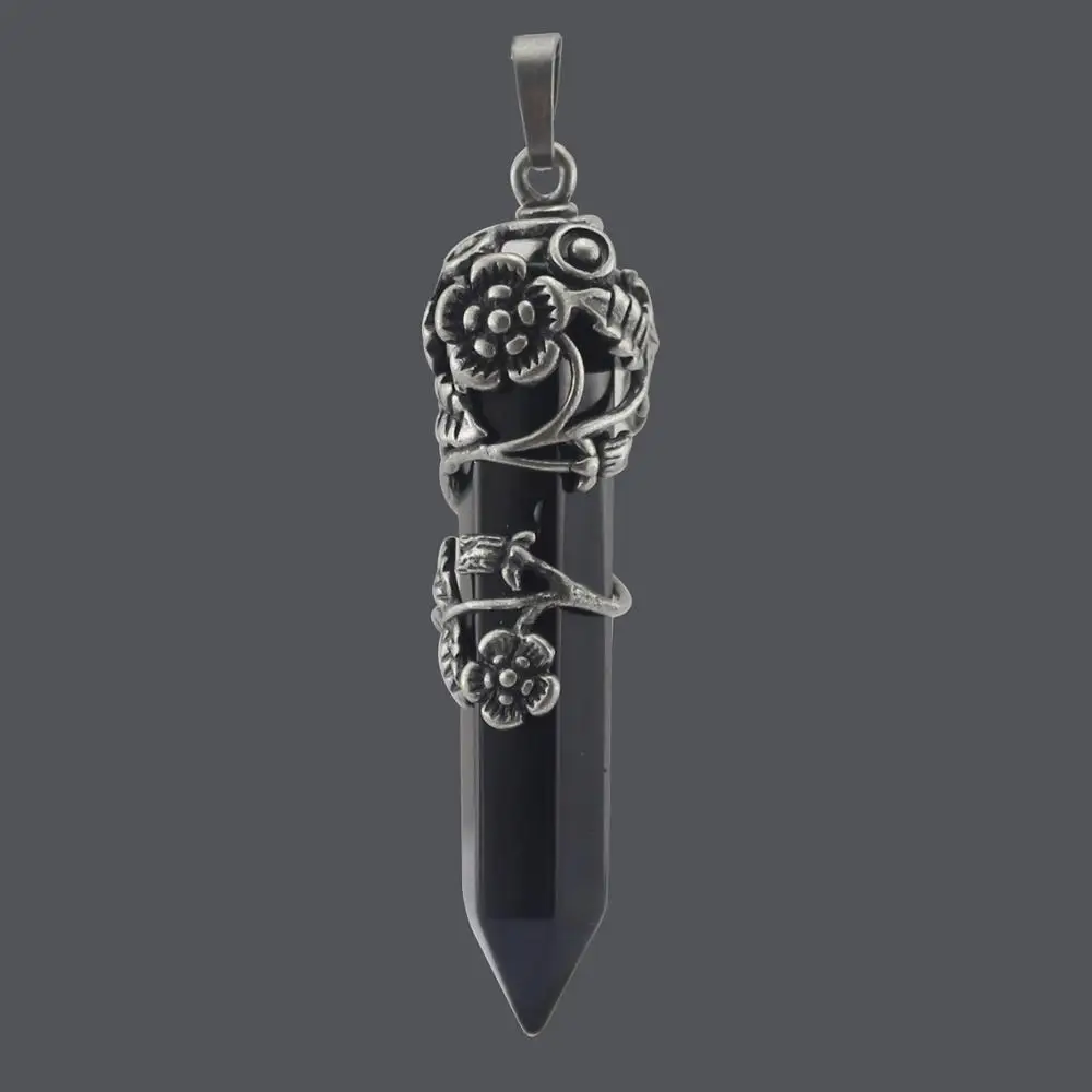 Античный серебряный цвет цветок кулон большой размер натуральные драгоценные камни камень гексагональный Кристалл кварц малахит камень аметист подвески - Окраска металла: Black Obsidian