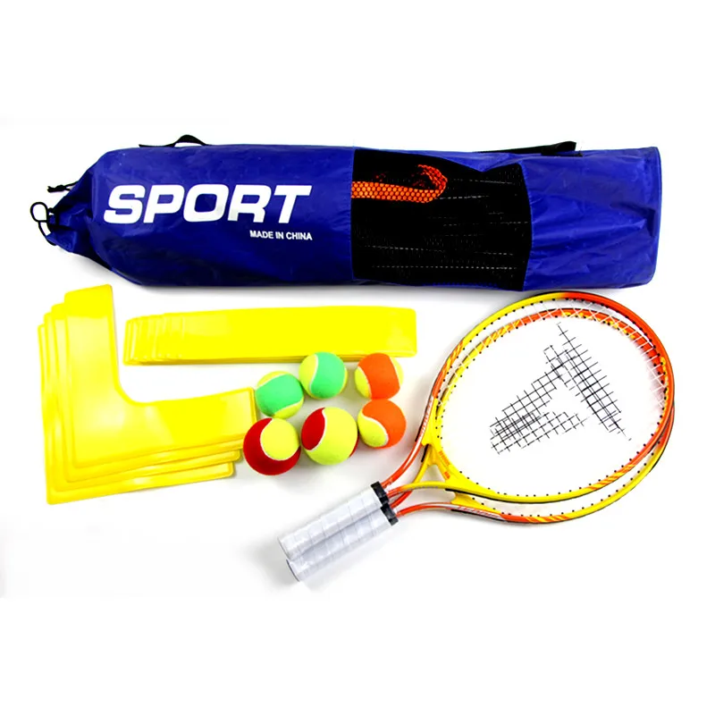 

Tennis kids combo set includes 1 set 14ft portable net stand 2 pcs 23inch kids tennis racket 6pcs slow speed ball 1set liner