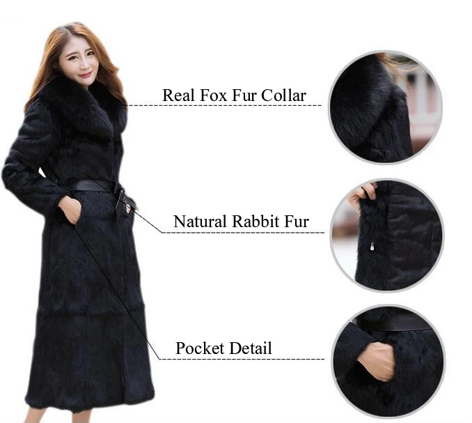 white bubble coat Women Whole Skin Rabbit Fur X Long Coat With Luxury Fox Fur Collar Real Natural Full Pelt Overcoat Genuine Fur Outwear WSR85 black down jacket