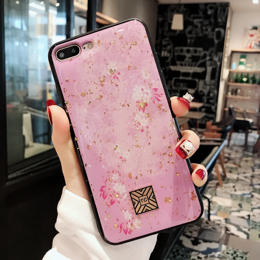 Gold Foil Cherry Blossoms Bling Phone Case For iPhone X XS Max XR Soft TPU Geometry Cover For iPhone 7 8 6 6s Plus Glitter Case (3)