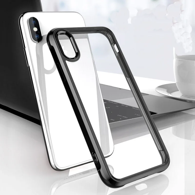 For iPhone XS Max XR XS X Anti-knock Case Dual Silicone Bumper + Clear Acrylic Back Cover For iPhone 7 8 Plus Shockproof Cases