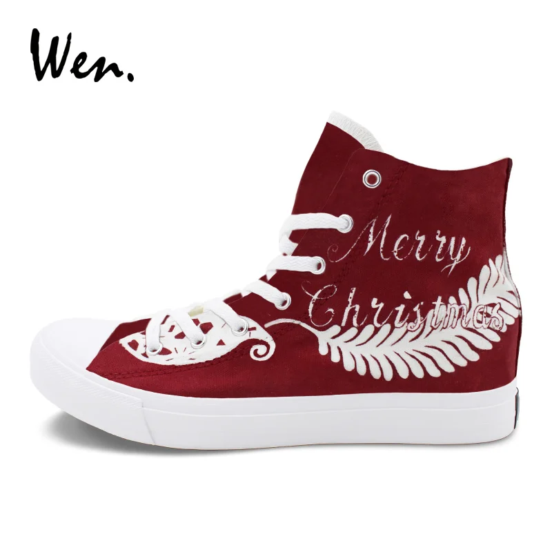 Noël Aider Joyeux Vulcaniser Plumes À Toile Wen Espadrilles La Chaussures Unisexe Haute Thème Plat Sneakers Design Peint Personnalisé Main UzMVSpq