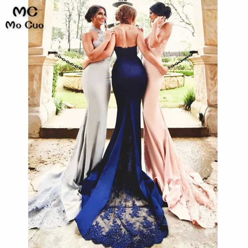 Mocuo темно-синее с юбкой-годе платья для подружки невесты с аппликацией; длинные брюки для девочек эластичные атласная Свадебная вечеринка платье с лямкой на шее для подружки невесты