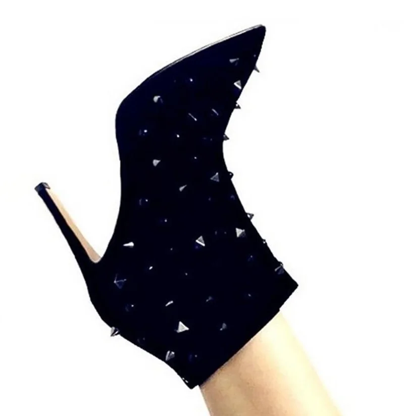 

Hot Selling Black Suede Studded Ankle Boots Women Pointed Toe Rivets Womens Ankle Boots Shoes Thin Heels Real Photo Customized