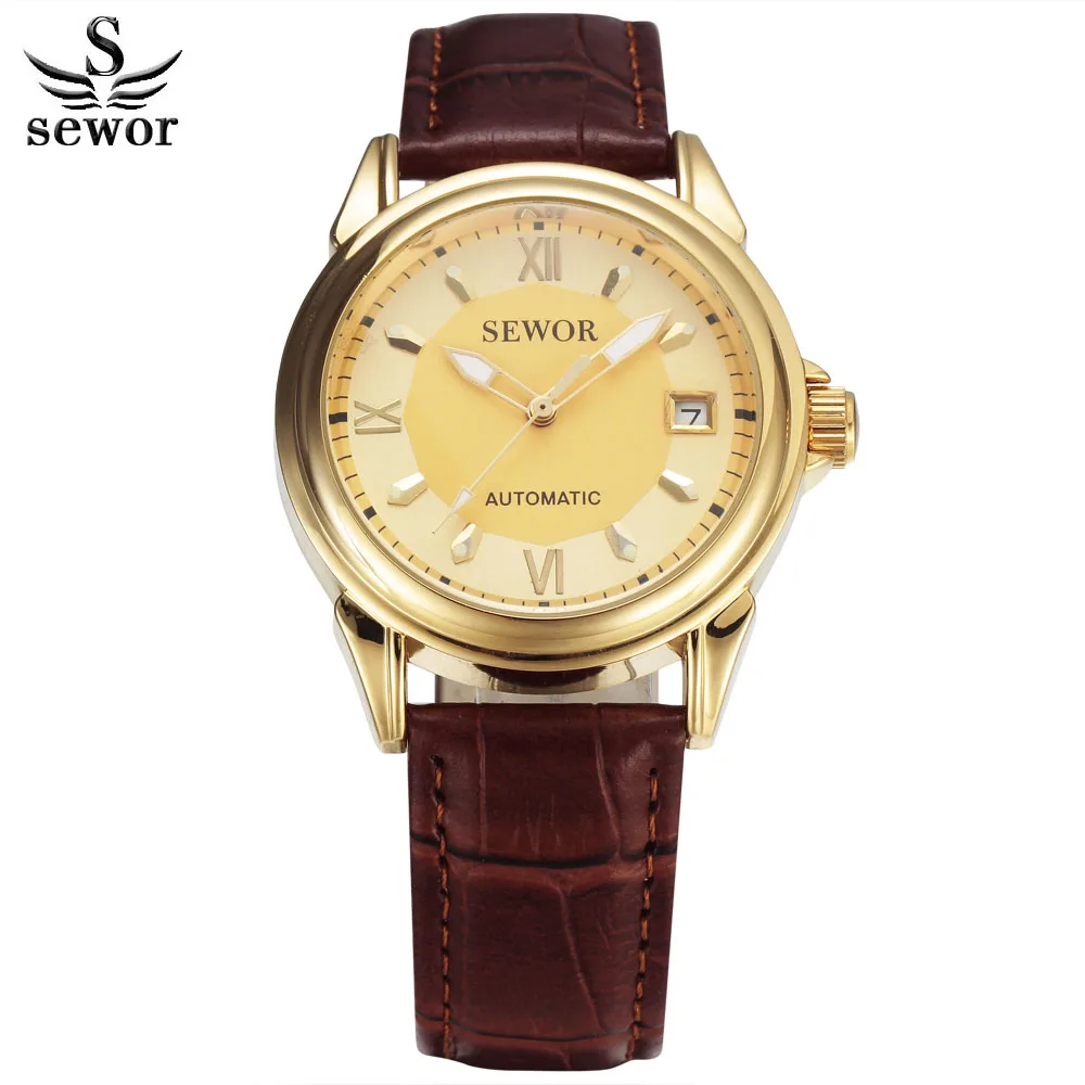 SEWOR Топ бренд золотые классические автоматические наручные часы Автоматическая Дата Календарь кожаный ремешок часы римский циферблат Мужские механические часы - Цвет: 841601