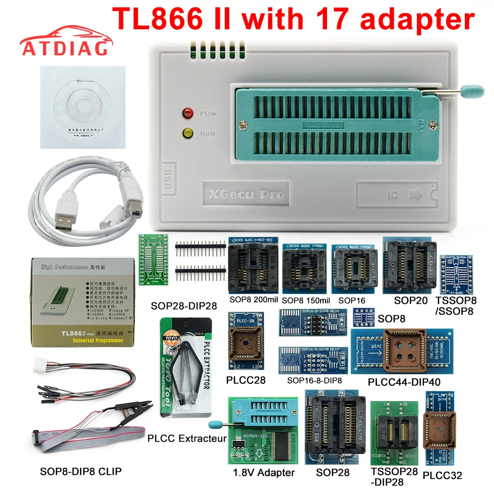 

V8.51TL866II Plus TL866A WITH 21 ADAPTER USB Universal Programmer Bios/ECU Programmer+24adapters 1.8V nand flash 24 93 25 mcu