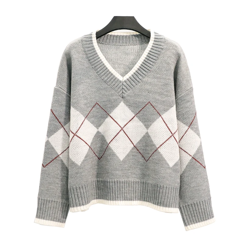 

PERHAPS U women sweater V neck knitted pullovers long sleeve gray argyle loose autumn winter M0038