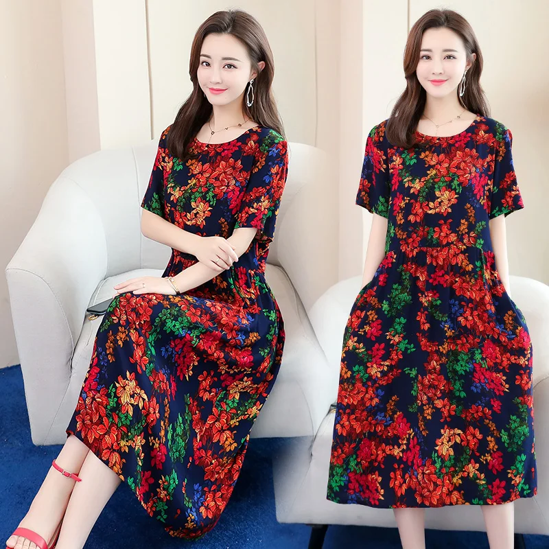 

Summer 2019 Eleagnt Work Vestido Women Round Neck Short Sleeve Vintage Floral Printed Pocket cotton silk dress Long Dress plus