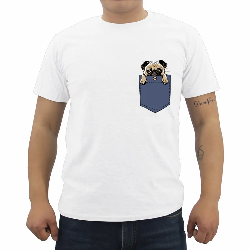 

New Men T-shirt Pug In Pocket Dog Design Male Funny Tops Cartoon Printed Hipster Short Sleeve Cotton Casual Cool Tees Tops