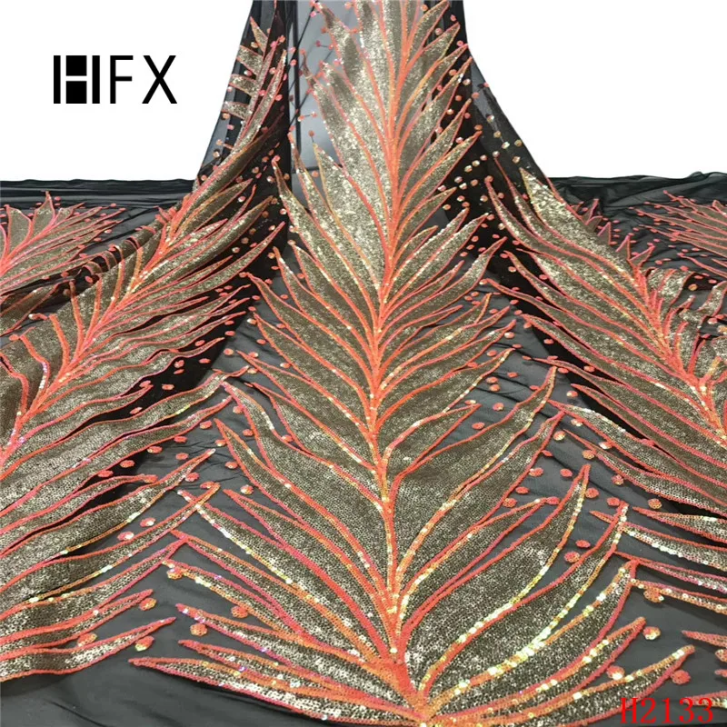 

HFX Latest African Laces 2019 Glitter Nigeria Embroidered Orange 5 Yards French Mesh Lace High Quality Sequin Fabric X2133