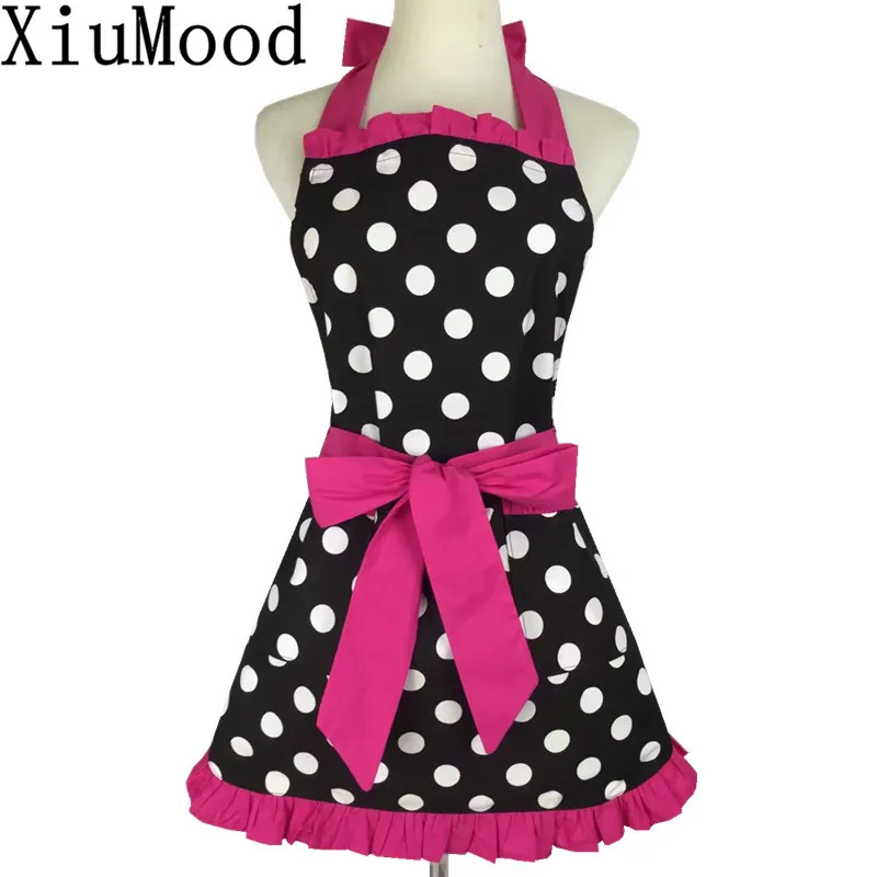 XiuMood New Fashion Sweetheart Adult Bibs Dots Cotton Fabric Kitchen Cooking Aprons Dress For Woman Waiter With Pocket