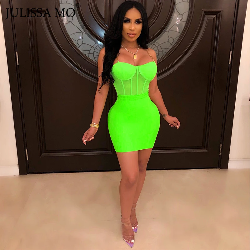 

JULISSA MO Metal Chain Sheer Mesh Bodycon Dress Women Two Piece Set Spaghetti Strap Mini Dress 2019 Summer Sexy High Waist Dress