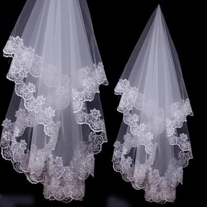 Cheap Lace Edge Tulle Bridal Veils Fingertip Length Wedding Veils In Stock Free Shippingin