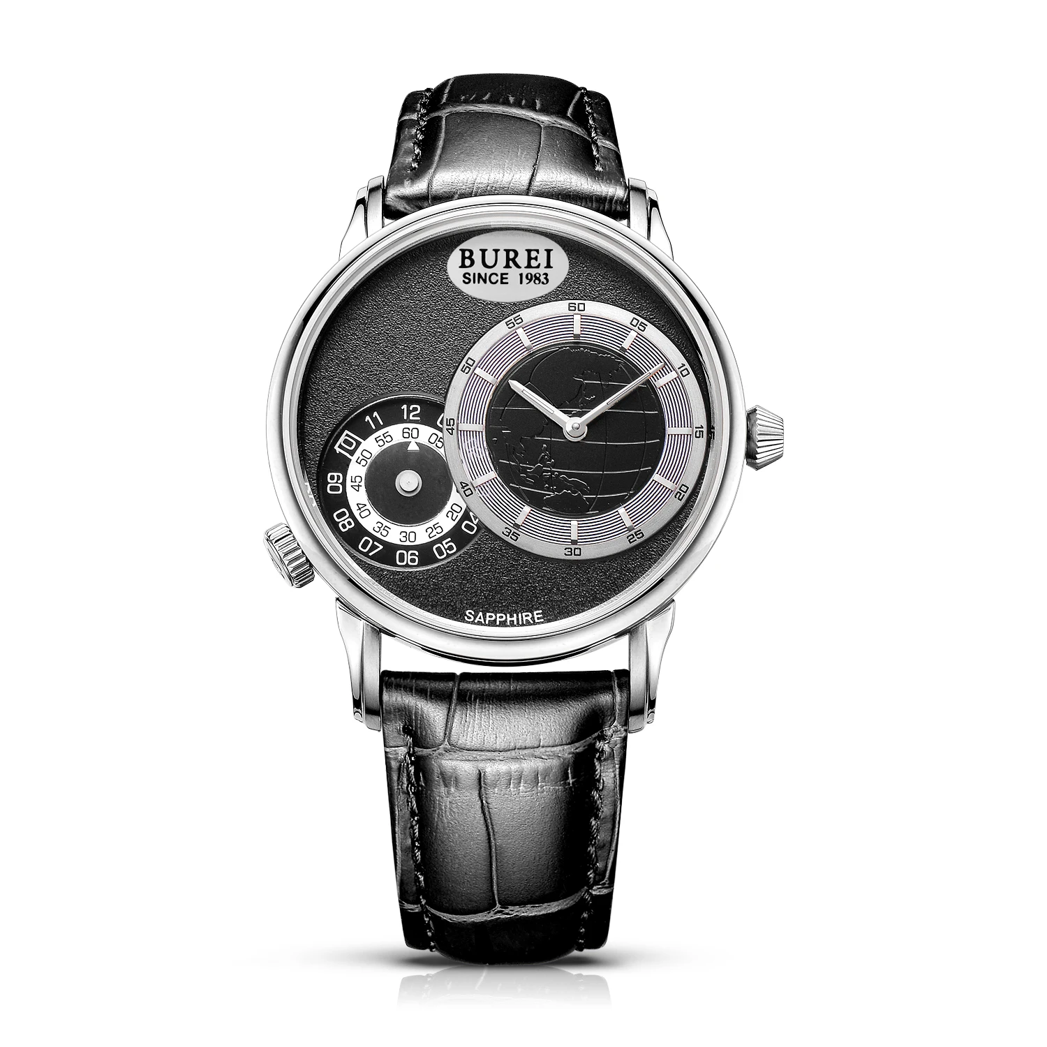 

BUREI 5009 Switzerland watches men luxury brand World time dual time zone, Double movement Business black relogio masculino