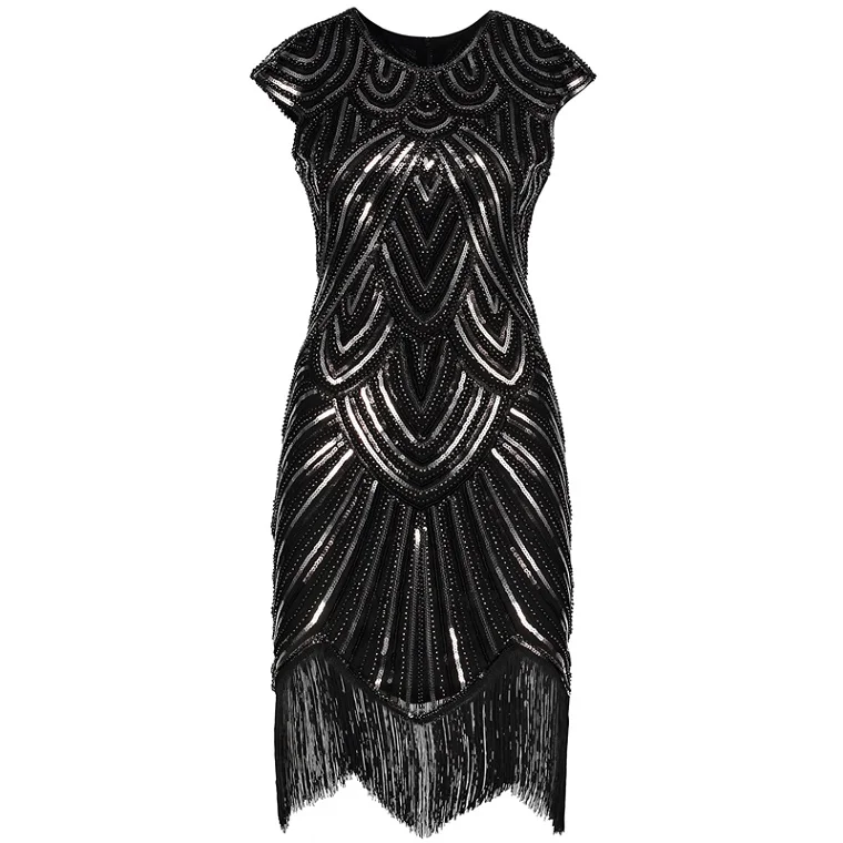 Женское платье в стиле Грейт Гэтсби, винтажное платье с круглым вырезом, рукавами-крылышками, пайетками, бусинами и кисточками, 1920 s, пышное платье, вечерние костюмы 20s - Цвет: black plus silver
