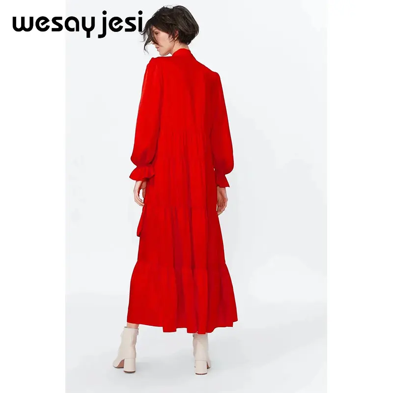2019 vestidos فستان صيفي انكلترا نمط خط الصلبة طويل كم flare كم منتصف العجل v الرقبة حزب اللباس النساء vestido